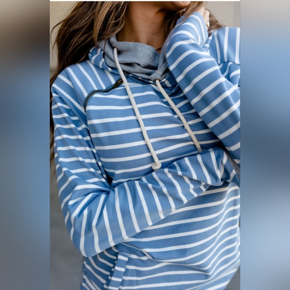 Sky Blue Striped Women's Hoodie - Picture 3 of 7